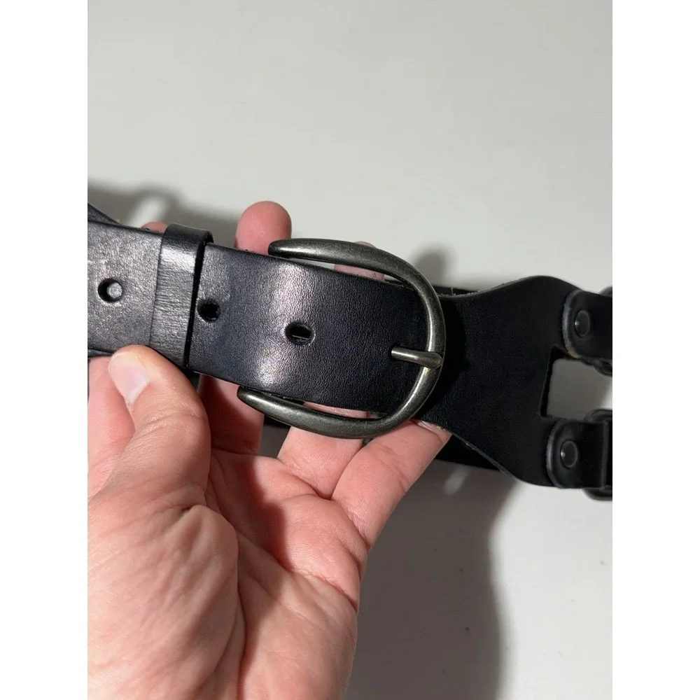 GAP Women's XS Black Leather Waist Belt Double Strap Silver Buckle Grunge